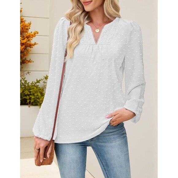 Women's Long Sleeve Blouse 100% Polyester Casual Dressy V Neck Swiss Dot - Picture 5 of 7